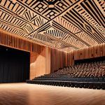Modern Concert Hall Interior**

>Acoustic panels with intricate geometric patterns, blending wood and graphene materials. Smart LED lighting illuminates the stage. Some people are watching and enjoying the performance.

**