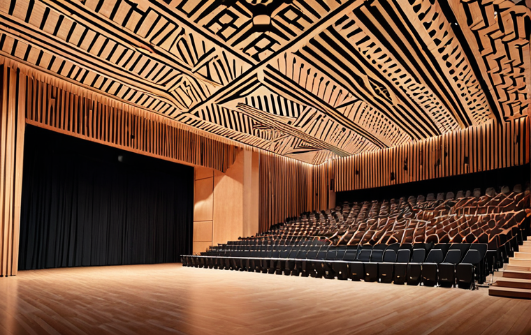 Modern Concert Hall Interior**

>Acoustic panels with intricate geometric patterns, blending wood and graphene materials. Smart LED lighting illuminates the stage. Some people are watching and enjoying the performance.

**