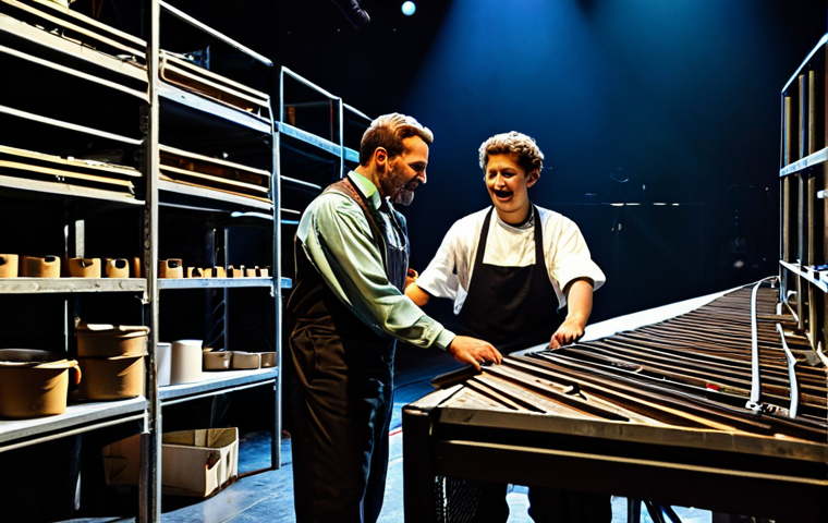 현존 기반 공연 접근법의 언론 및 PR 전략 - Backstage Magic**
"A diverse group of stagehands and actors, fully clothed in work attire and costu...