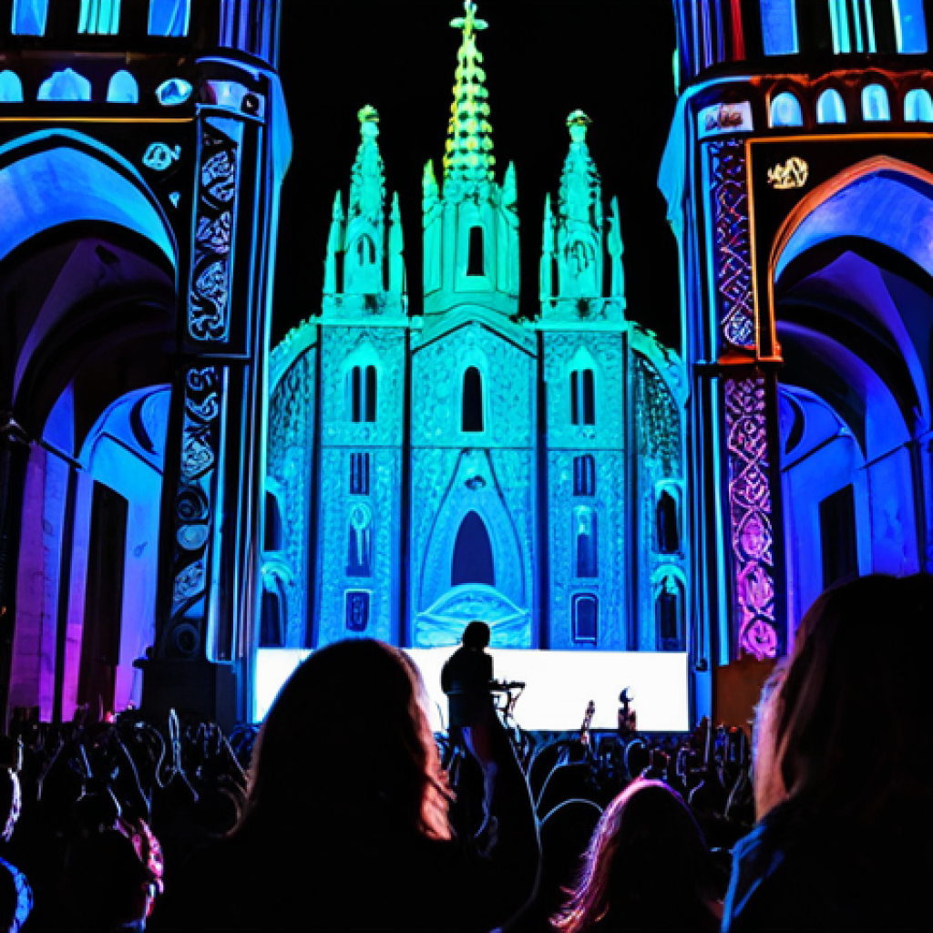현존 기반 공연 접근법의 혁신적 아이디어 공유 - Interactive Concert Experience**
"A vibrant outdoor concert in Barcelona at dusk, featuring LED lig...