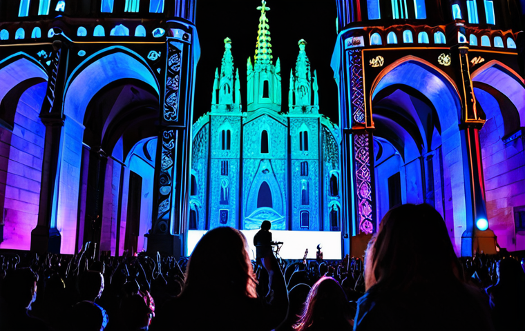 현존 기반 공연 접근법의 혁신적 아이디어 공유 - Interactive Concert Experience**
"A vibrant outdoor concert in Barcelona at dusk, featuring LED lig...