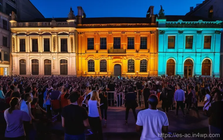 현존 기반 공연 접근법과 예술가의 협업 - **Immersive Urban Theater Experience**
A bustling city square transformed into an open-air theat...