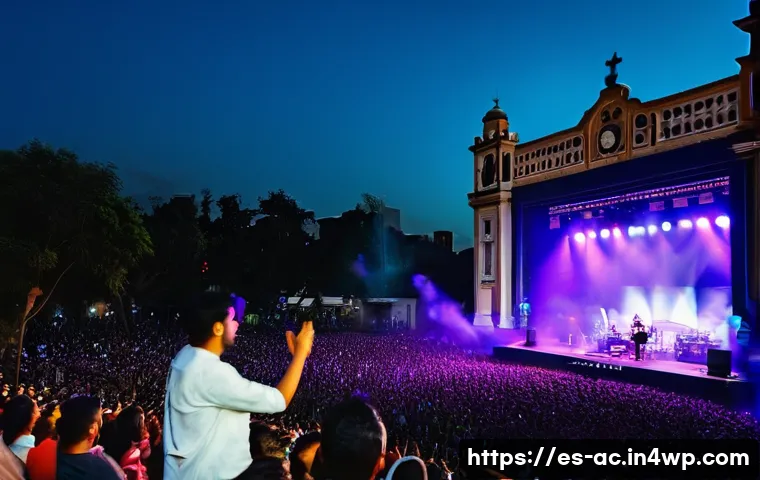 현존 기반 공연 접근법의 시장 조사 방법 - A vibrant live concert scene in a large open-air venue in Mexico City at dusk, featuring a charismat...
