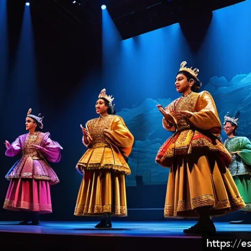 Home 30 현존 기반 공연 접근법의 종합적인 성과 평가 - A vibrant theater stage featuring a modern play integrating cutting-edge digital technology: dynamic...