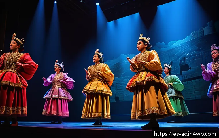 현존 기반 공연 접근법의 종합적인 성과 평가 - A vibrant theater stage featuring a modern play integrating cutting-edge digital technology: dynamic...