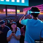 Home 23 현존 기반 공연 접근법의 기업 파트너십 기회 - A vibrant live music concert scene featuring a diverse crowd of attendees enjoying an augmented real...