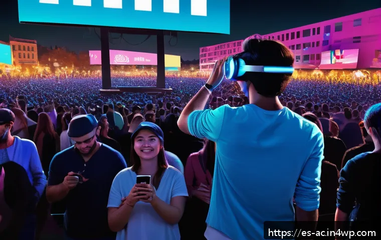 현존 기반 공연 접근법의 기업 파트너십 기회 - A vibrant live music concert scene featuring a diverse crowd of attendees enjoying an augmented real...